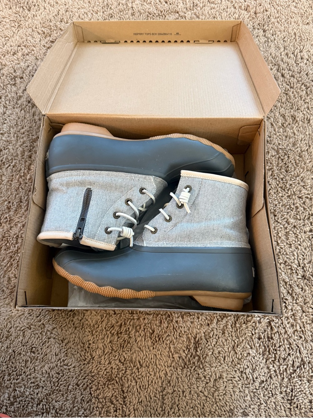 Sperry Gray Fabric and Black Rubber Lace-Up Ankle Rain Boots with Tan Trim